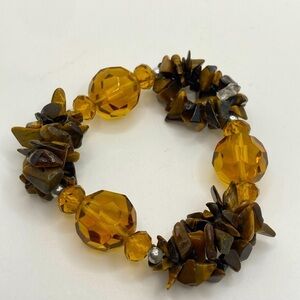 Tigers Eye Stone Cluster & Amber Glass Bead Stretch Bracelet OS